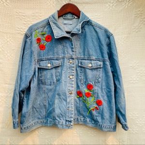 Vintage Red Rose Embroidered Jean Jacket Sz 2X